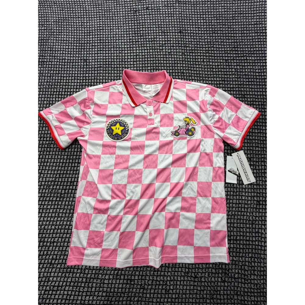 Mario Kart Polo Shirt Womens XS Pink New Princess Peach Checkered Racing Star